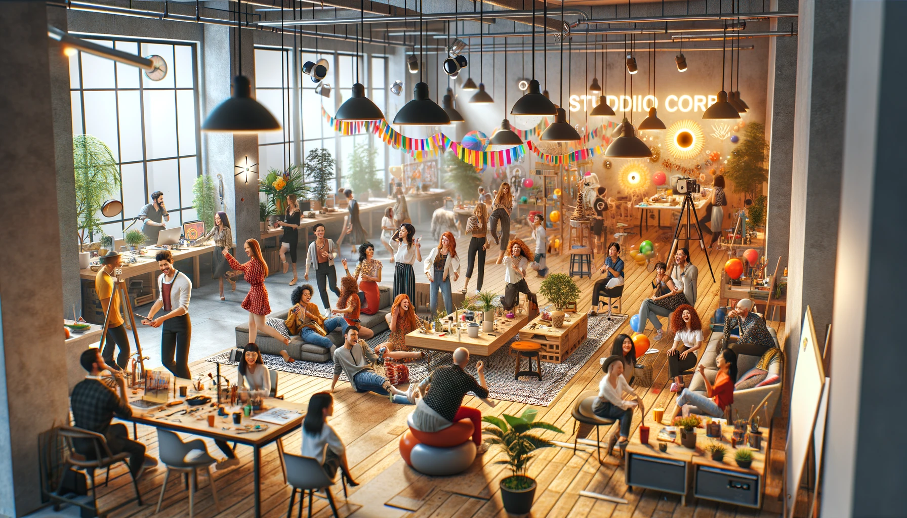 DALL·E 2024-04-24 18.26.48 – Create an engaging and fun photorealistic image of a design studio during an open house event, showcasing a lively atmosphere. The studio is filled wi